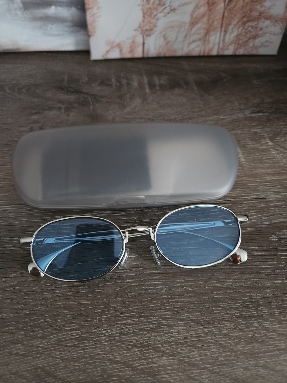 Oval Blue Lens Sunglasses with Silver Frame